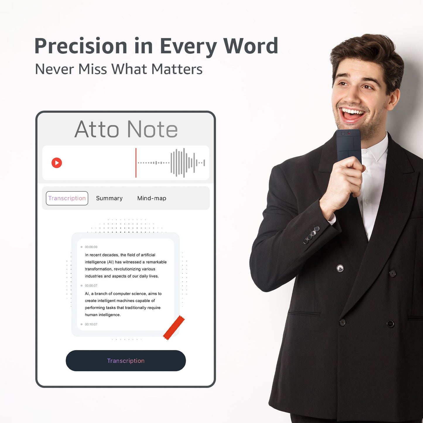 AI Voice Recorder ATTO Note - App Control, Transcribe & Summarize with AI Technology, Support Multiple Languages, 64GB Memory, for Lectures, Meetings, Calls